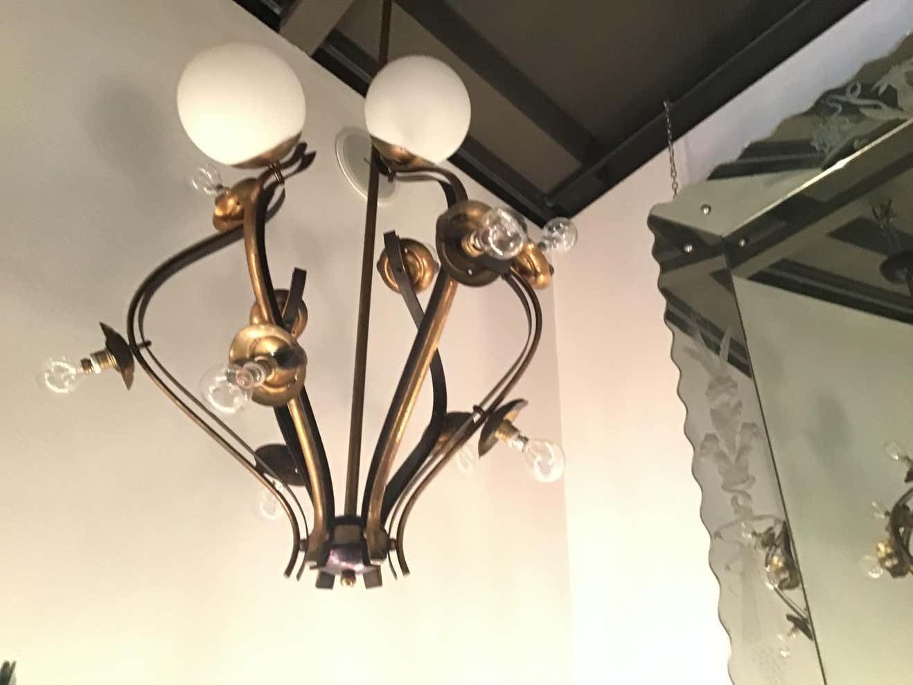 Chandelier 12 Lights Iron Brass Opalin Glass 1950, Attributed To Stilnovo C 1955 photo 8604.0