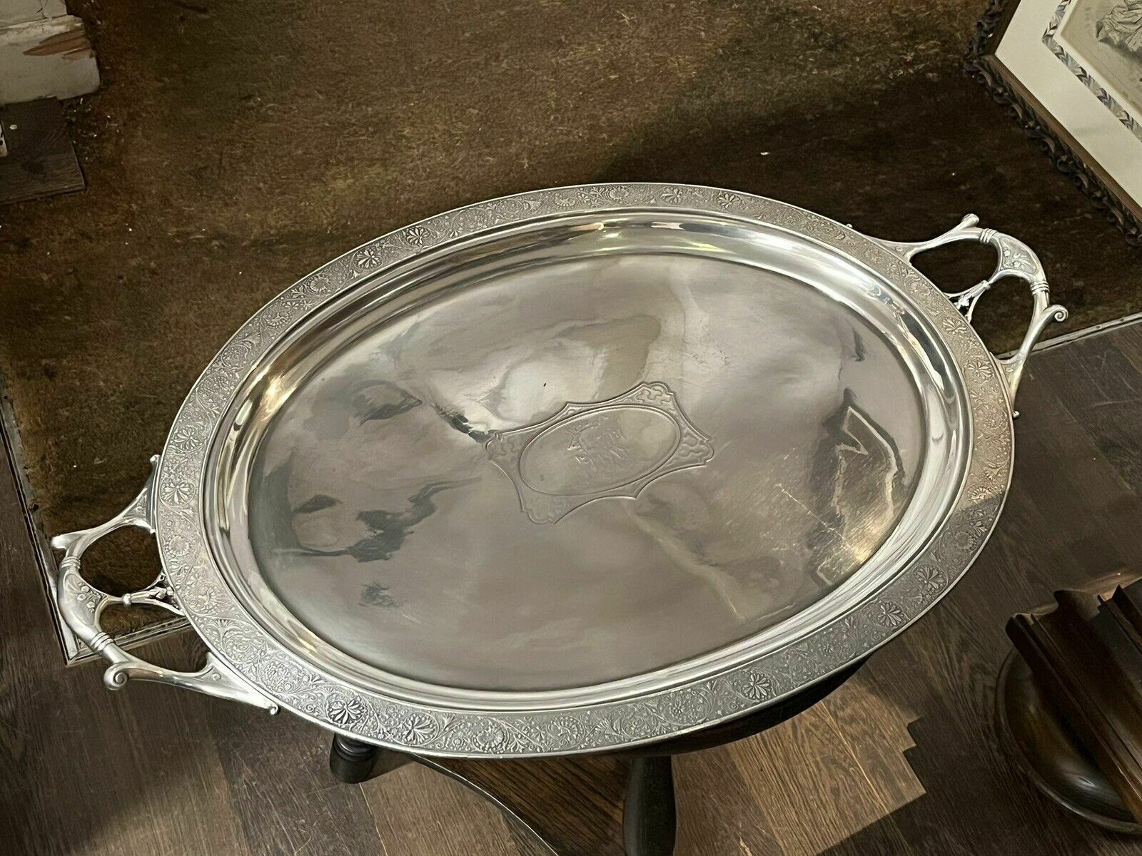 Huge English Art Noveau Butlers Silver Plate Tray With Fine Engraved Detail photo furniture