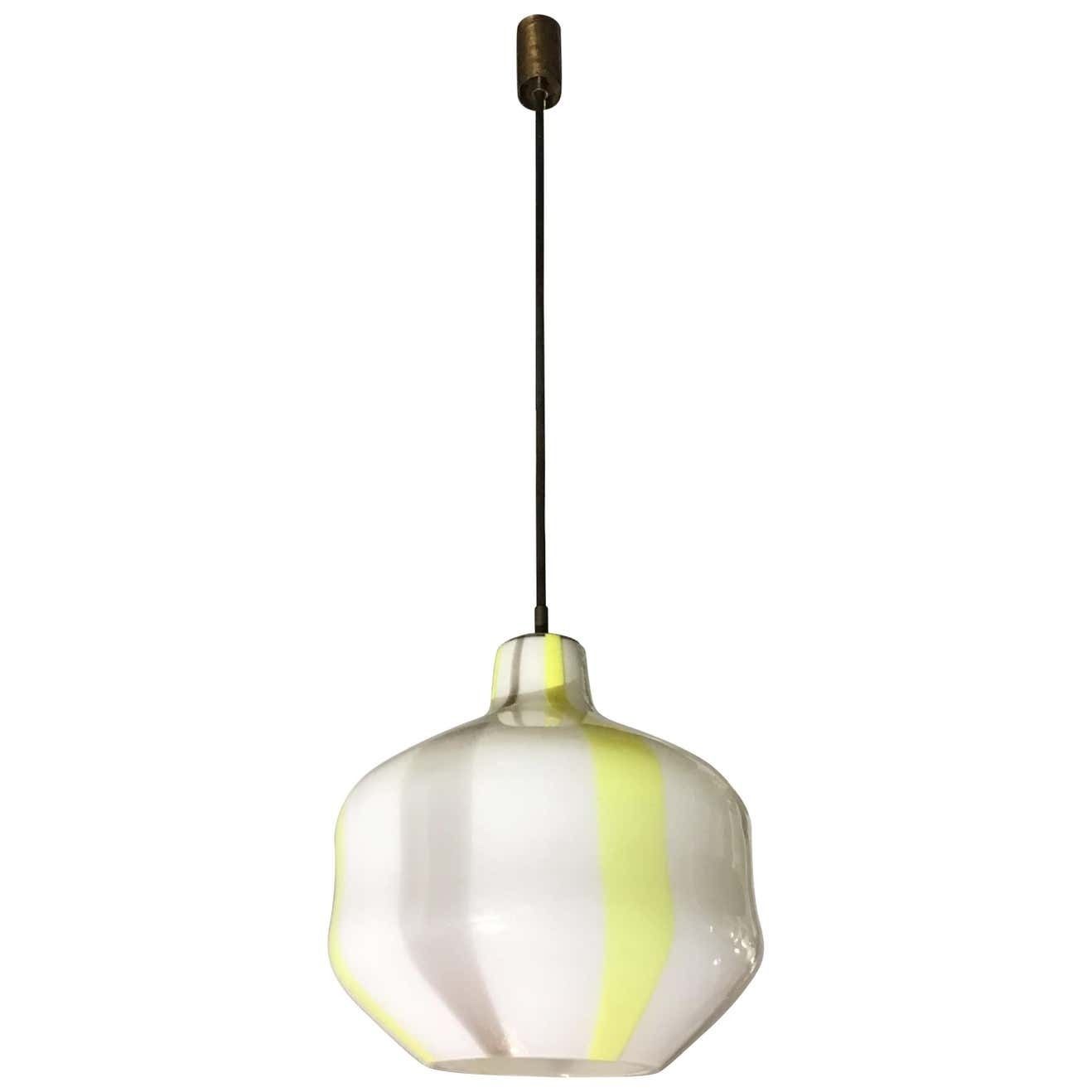Venini Vignelli Chandelier Murano Yellow White Grey Glass Brass, 1950