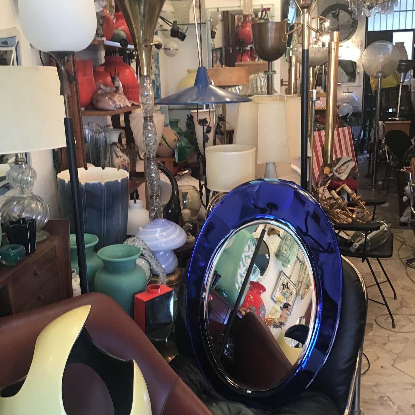 Cristal Arte Mirror Blu Mirrored Glass Metal Crome Wood, 1970, Italy photo vintage