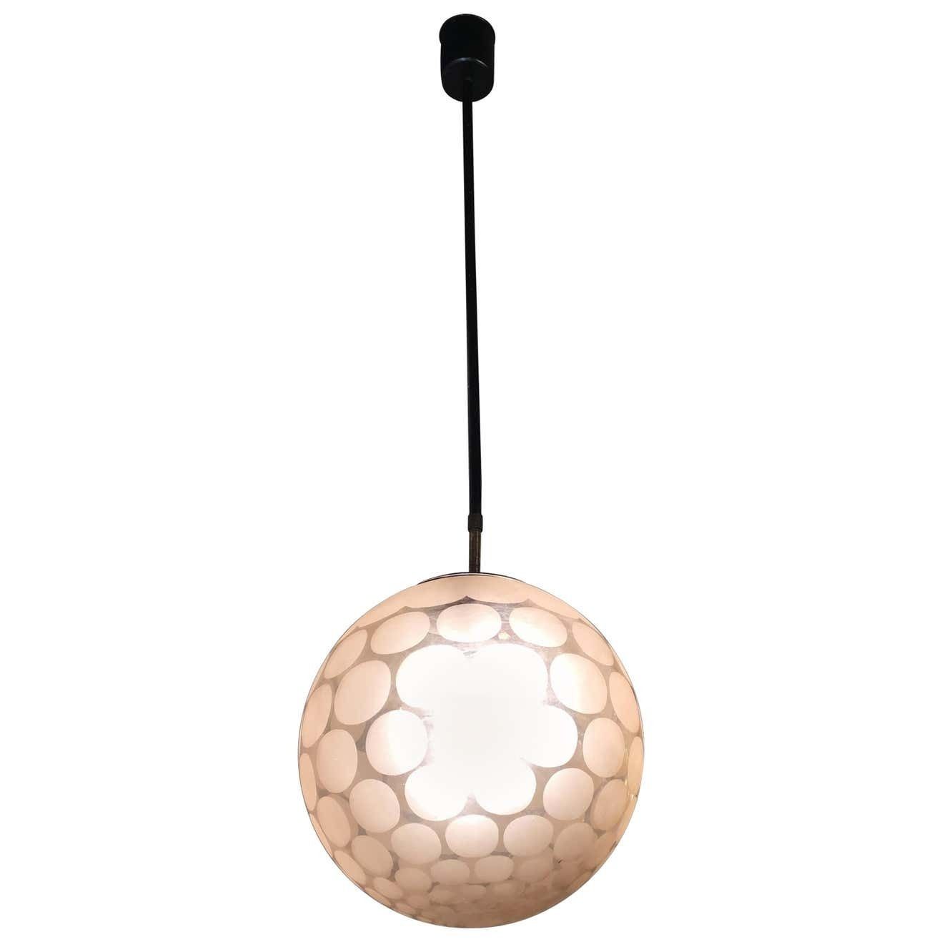 Cristal Art Chandelier Pink Glass With Polka Dots Brass, 1950