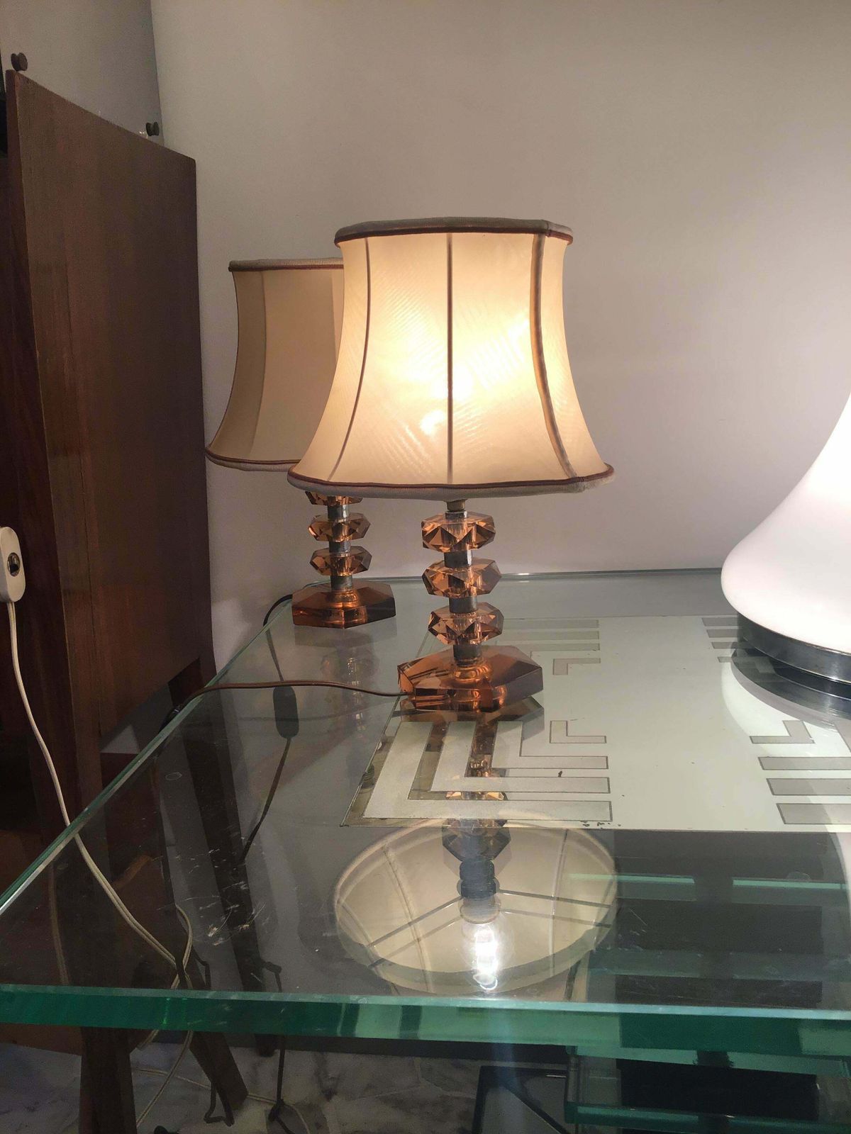 Cristal Arte Table Lamps Glass Metal Crome Fabric Lampshade, 1950, Italy photo for sale