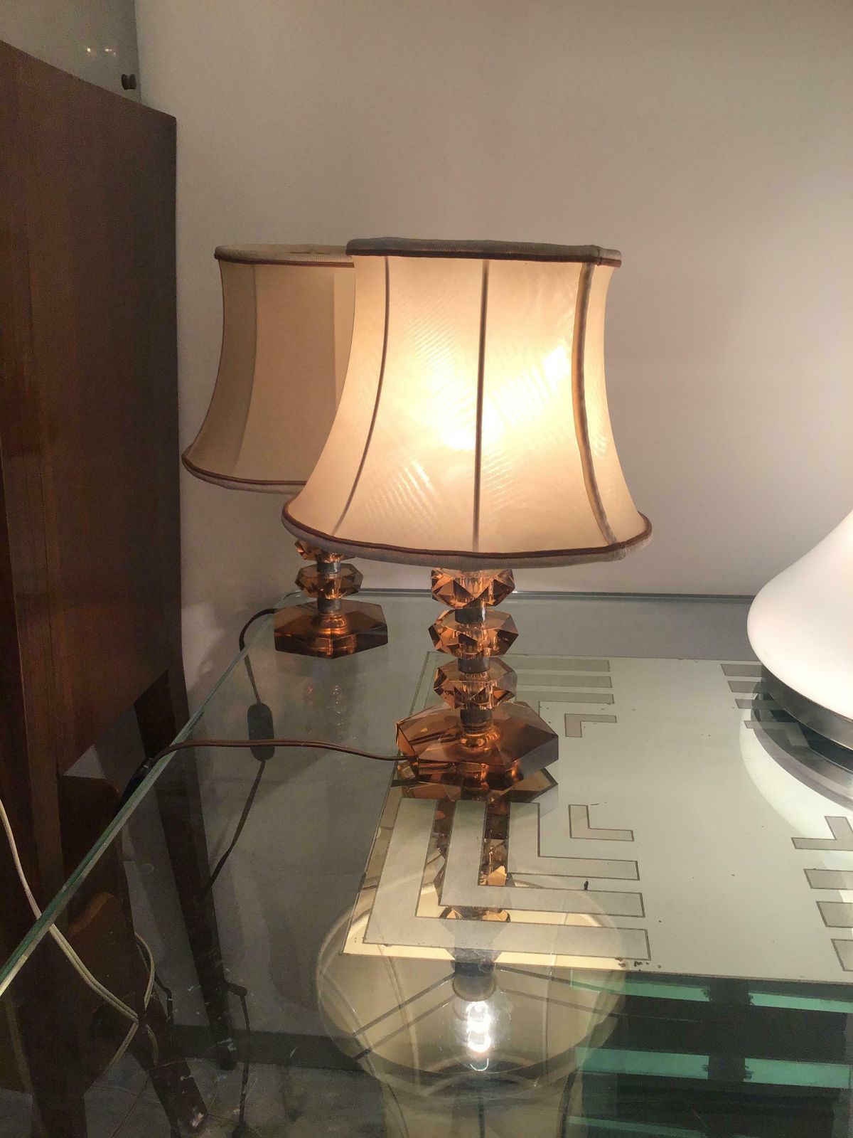 photo furniture Cristal Arte Table Lamps Glass Metal Crome Fabric Lampshade, 1950, Italy