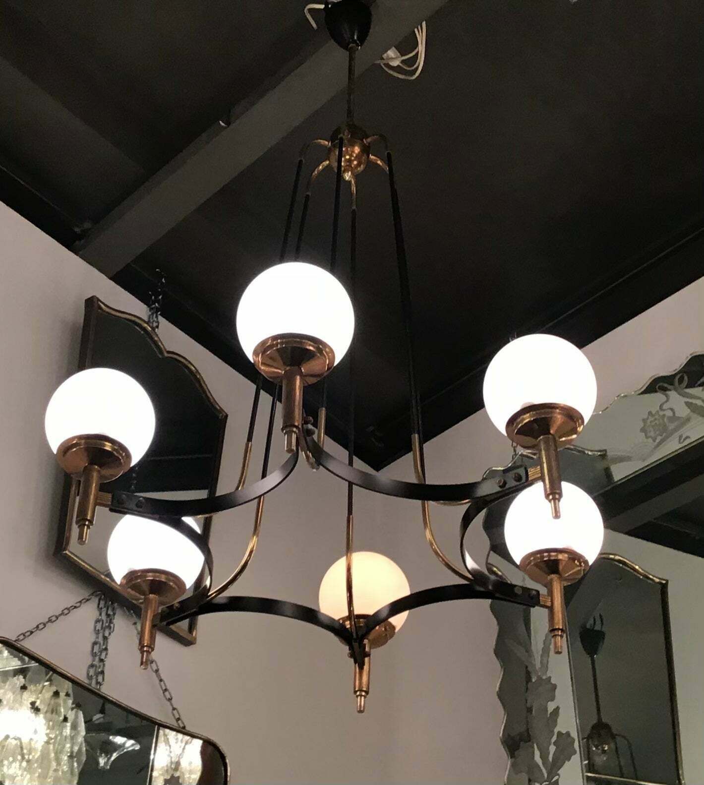 Stilnovo Chandelier Brass Opaline Glass Iron 1950 Italy photo furniture