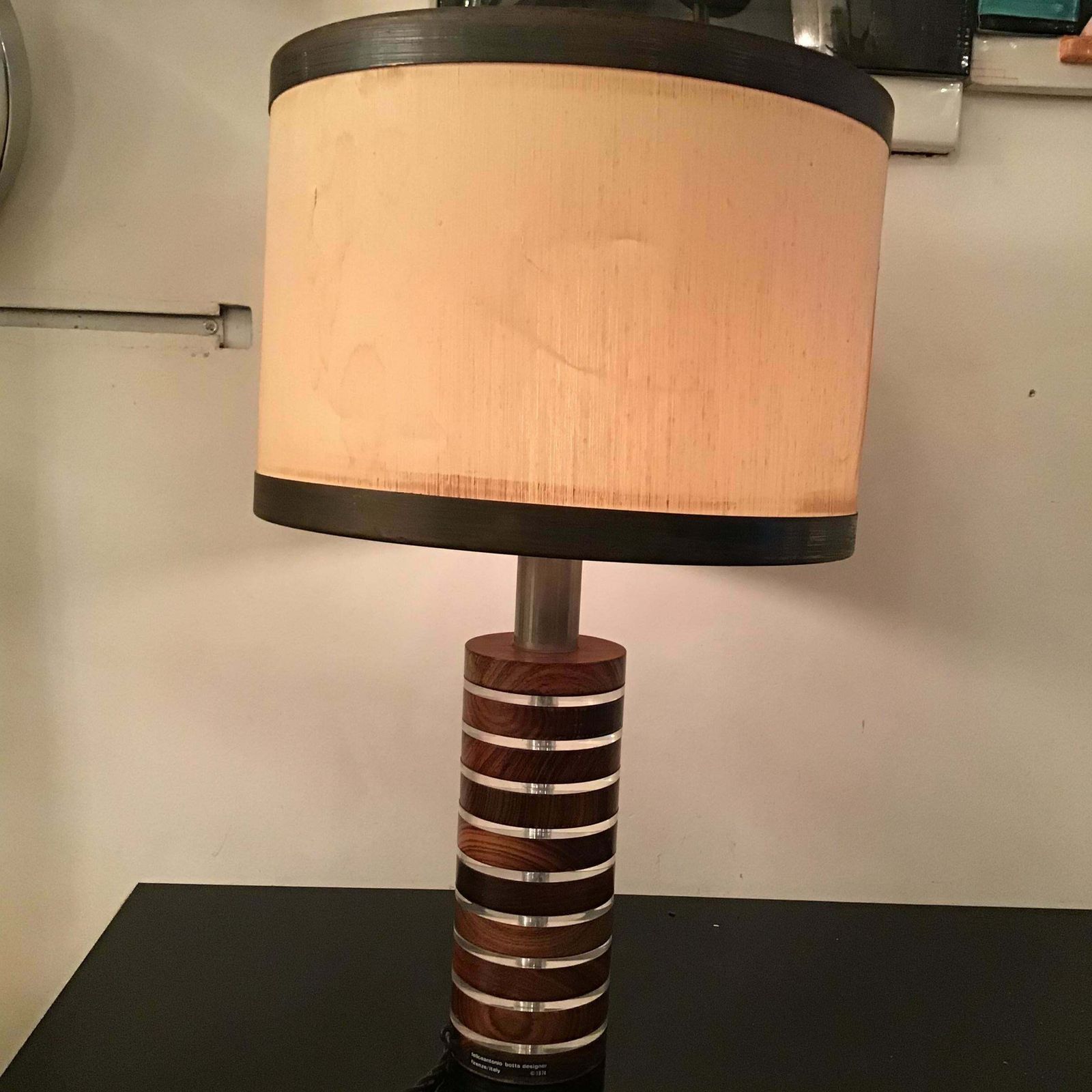 Felice Antonio Botta Table Lamp Brass Wood Plexiglass Fabric Brass Lampshade1974 photo vinterior