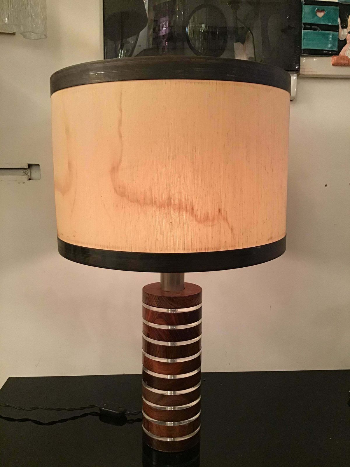 photo buy Felice Antonio Botta Table Lamp Brass Wood Plexiglass Fabric Brass Lampshade1974