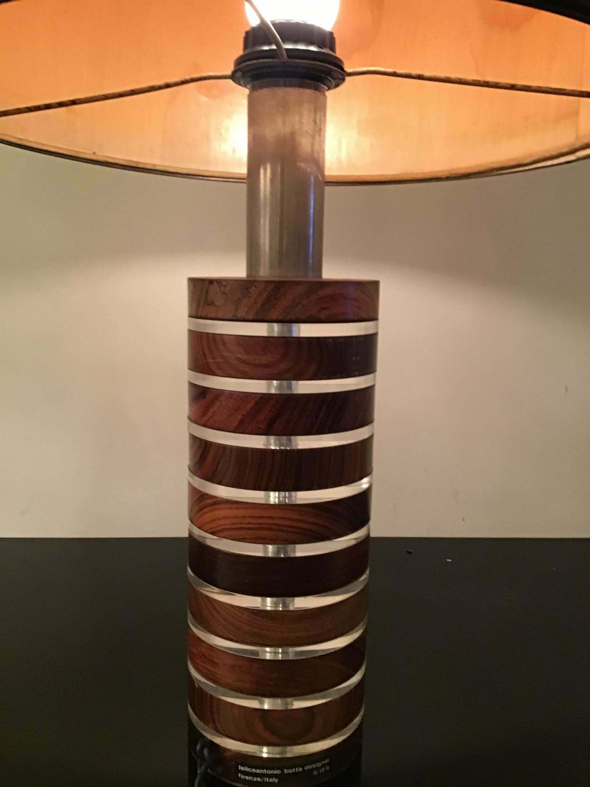 photo vintage Felice Antonio Botta Table Lamp Brass Wood Plexiglass Fabric Brass Lampshade1974
