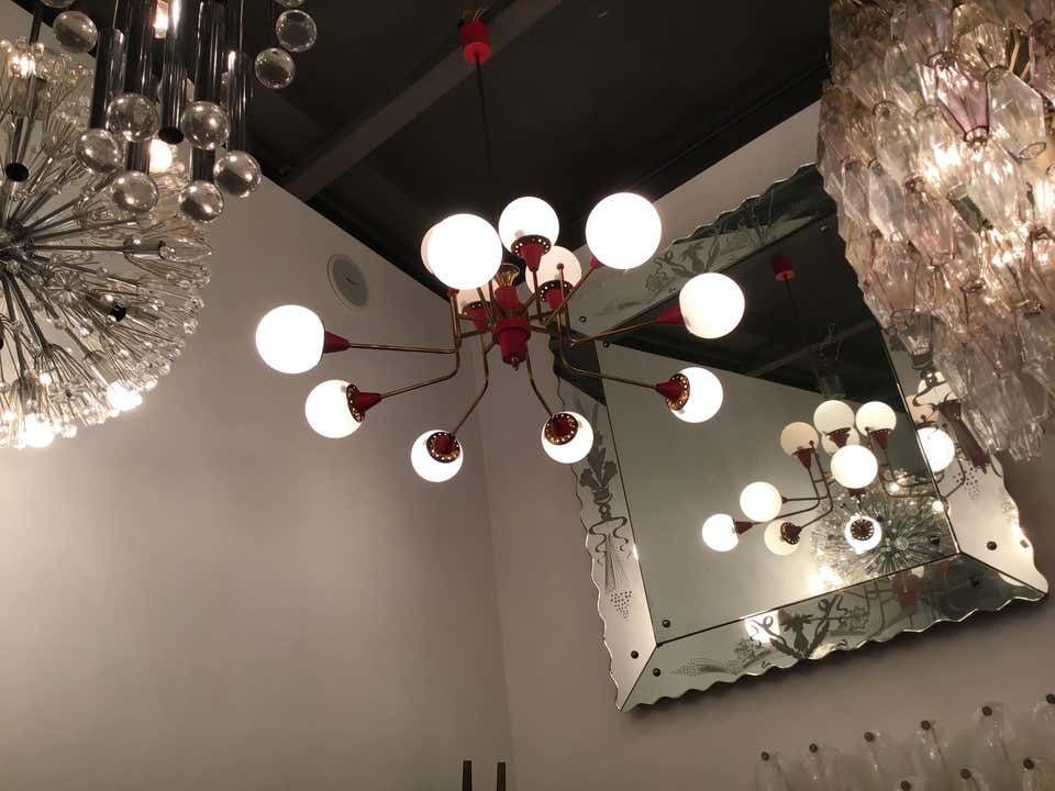 Stilnovo Chandelier 12 Light Brass Metal Opaline Glass, 1950, Italy photo furniture
