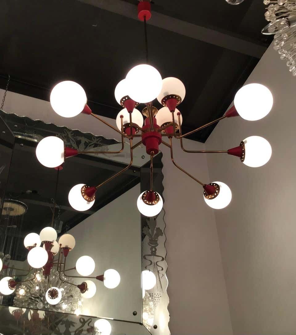 Stilnovo Chandelier 12 Light Brass Metal Opaline Glass, 1950, Italy photo Lighting