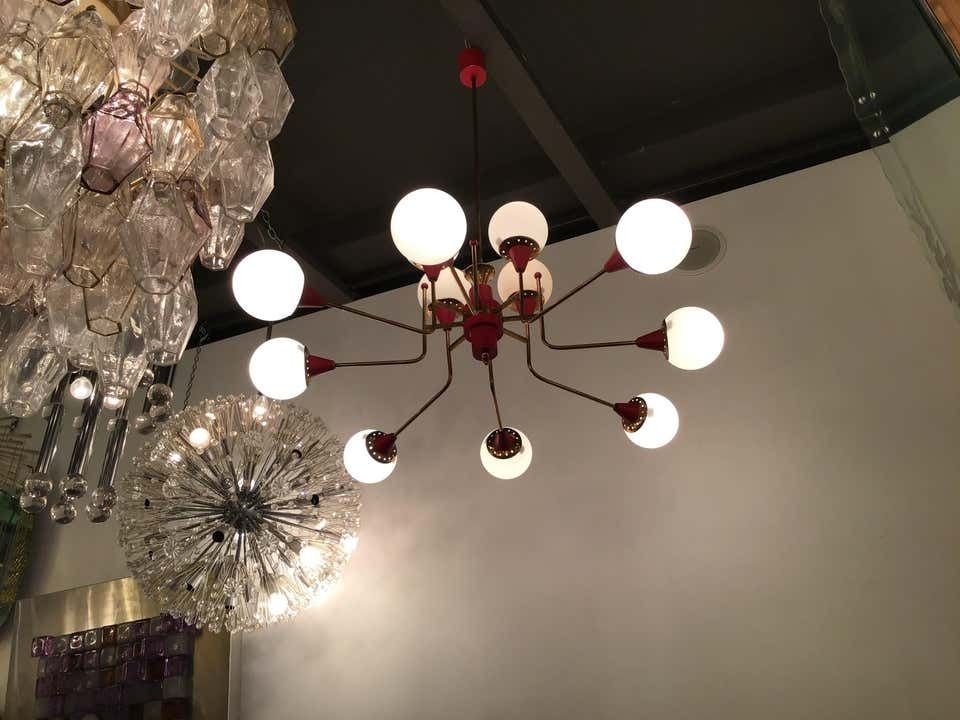 Stilnovo Chandelier 12 Light Brass Metal Opaline Glass, 1950, Italy photo vintage