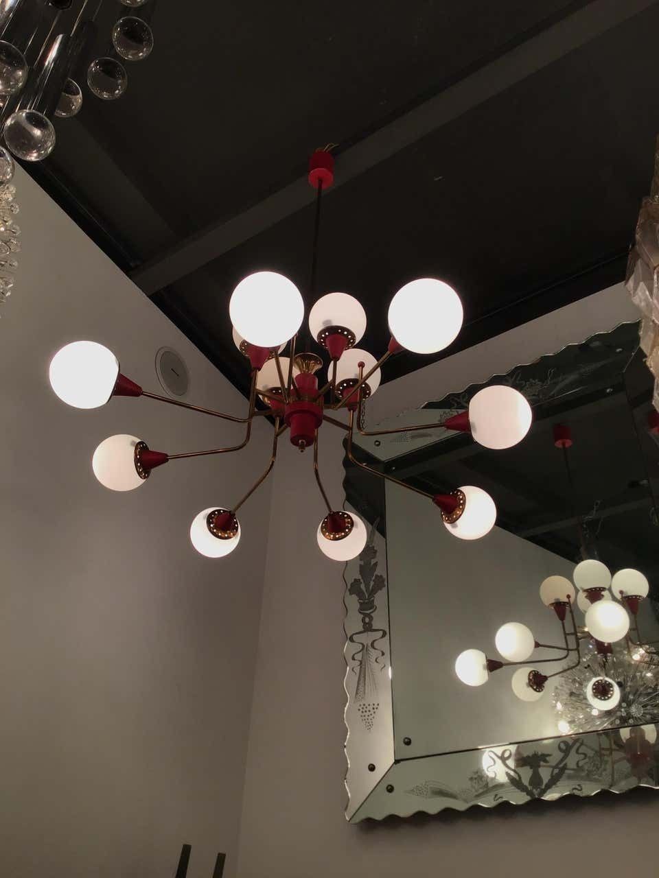 Lighting Stilnovo Chandelier 12 Light Brass Metal Opaline Glass, 1950, Italy photo