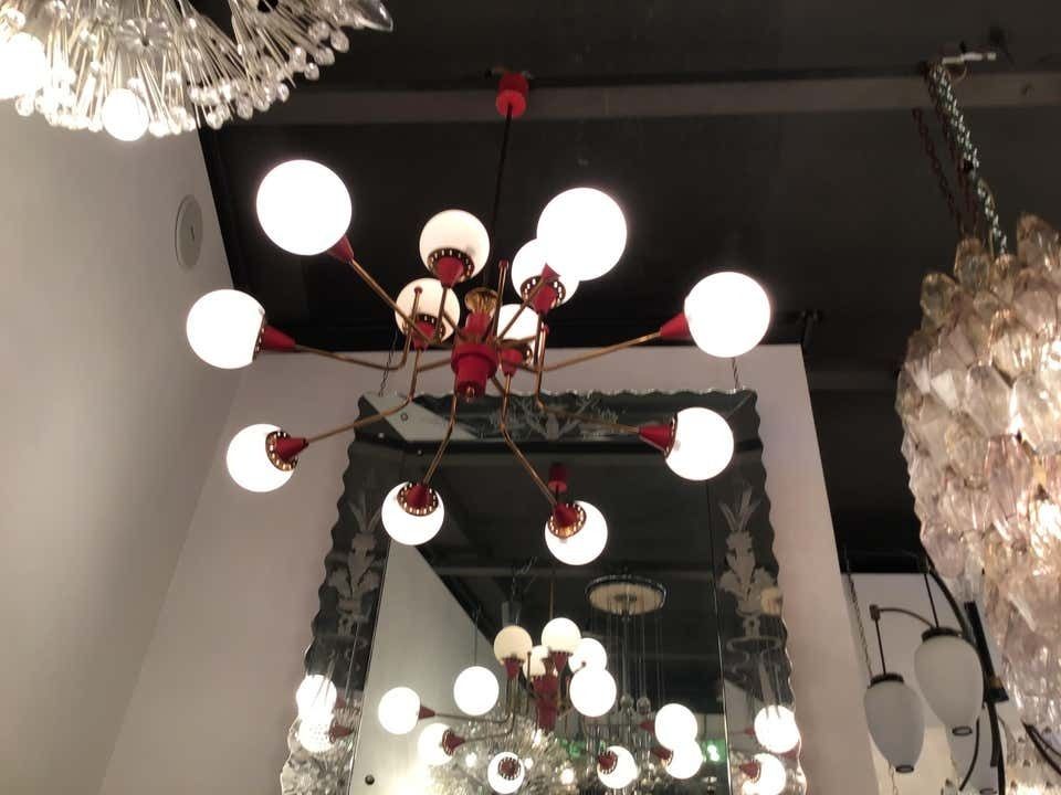 10849.0 Stilnovo Chandelier 12 Light Brass Metal Opaline Glass, 1950, Italy photo