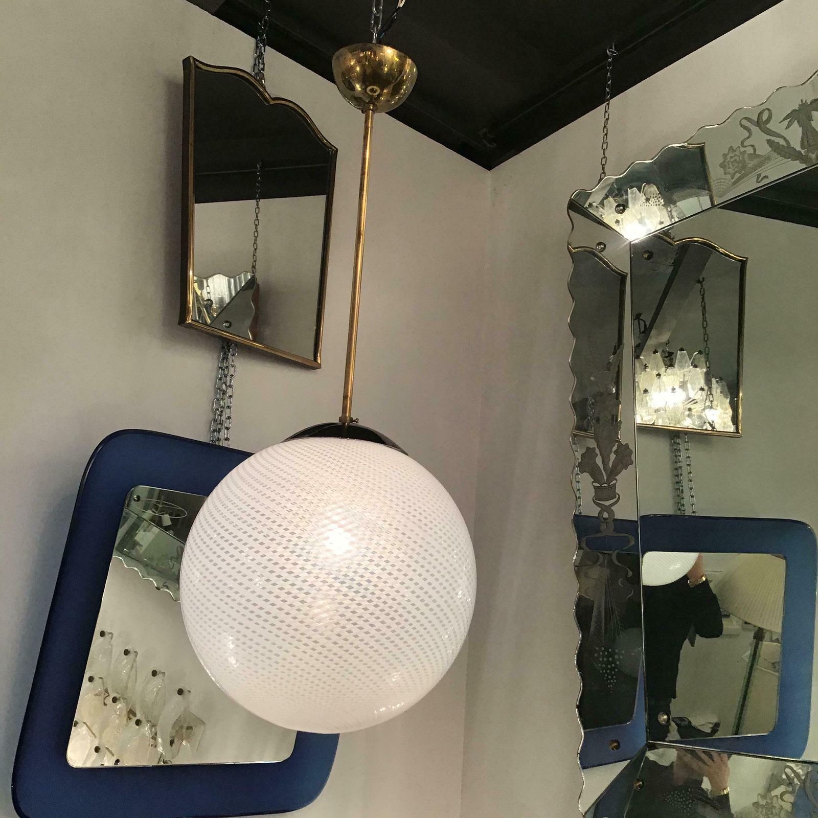 photo for sale Venini “Filigrana “ Chandelier Murano Glass Brass Metal 1930 Italy