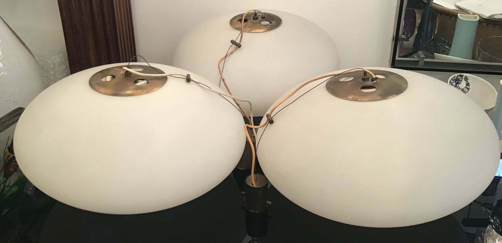Stilnovo Chandeliers “Cianbella” Brass Opaline Glass 1950 Italy photo Lighting