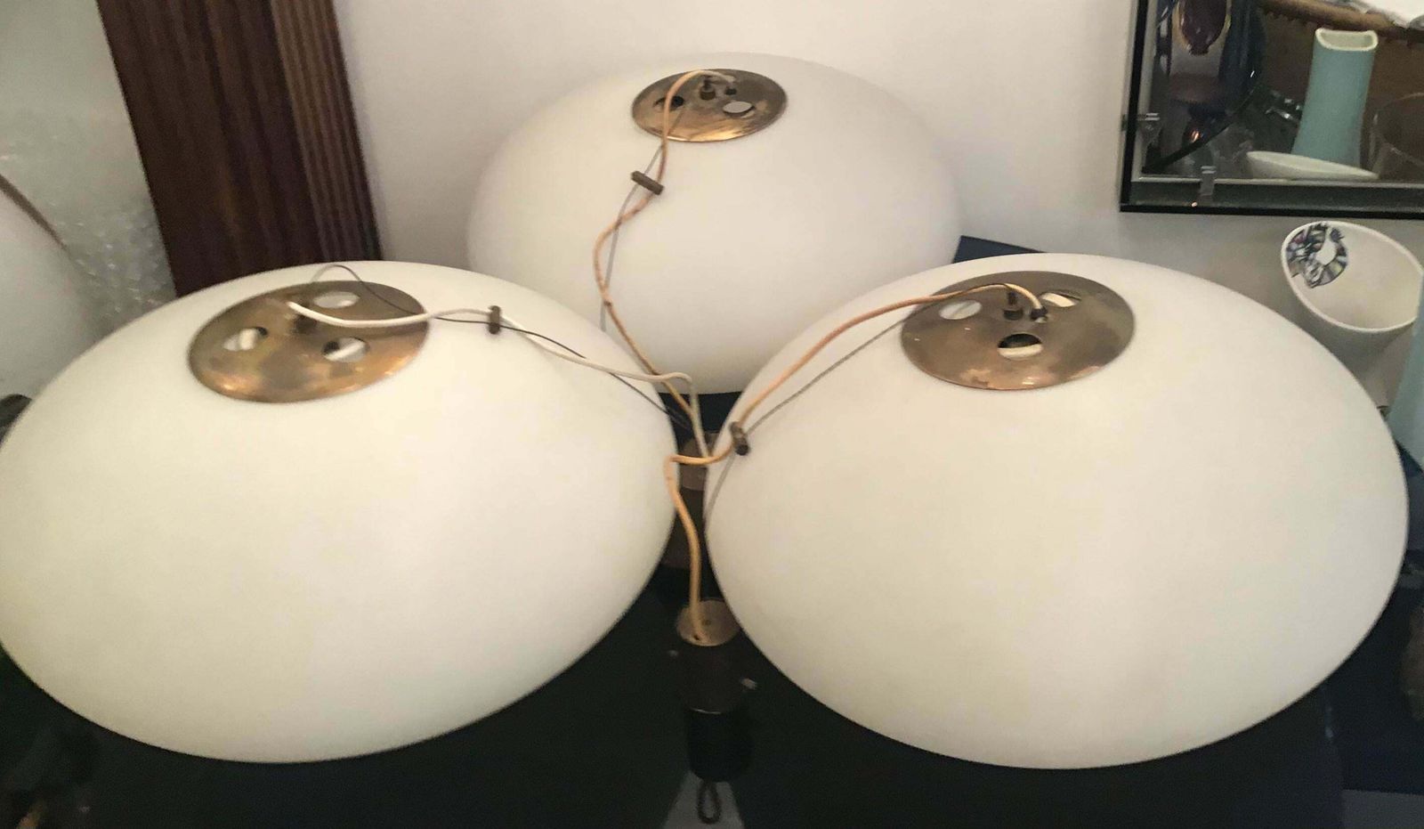 Stilnovo Chandeliers “Cianbella” Brass Opaline Glass 1950 Italy photo vinterior