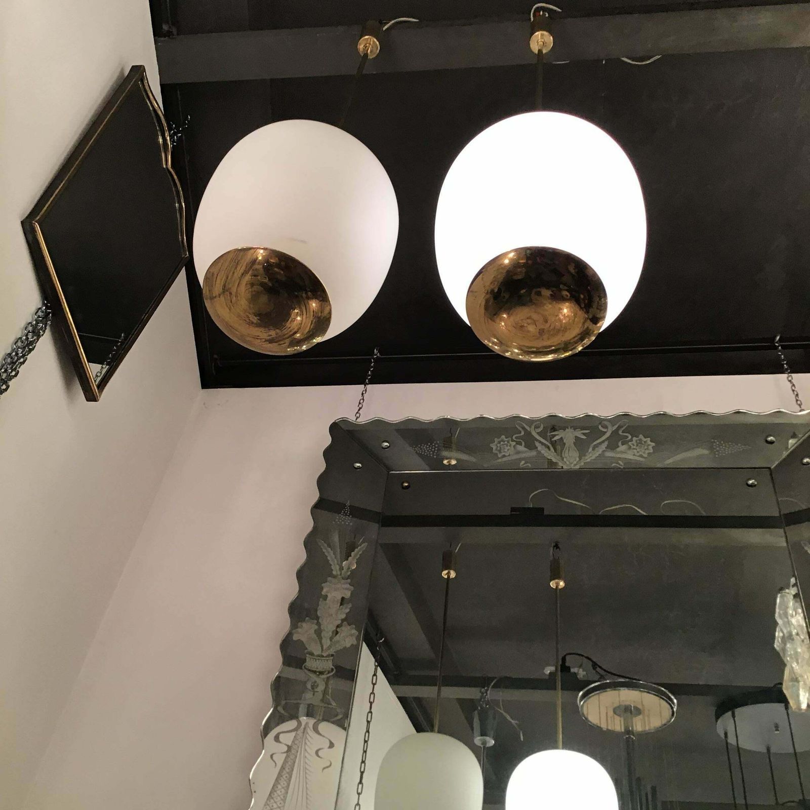 Stilnovo Couple Chandeliers Brass Opaline Glass 1950 Italy photo vinterior