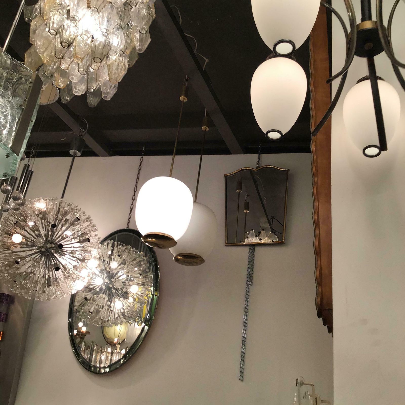 photo for sale Stilnovo Couple Chandeliers Brass Opaline Glass 1950 Italy