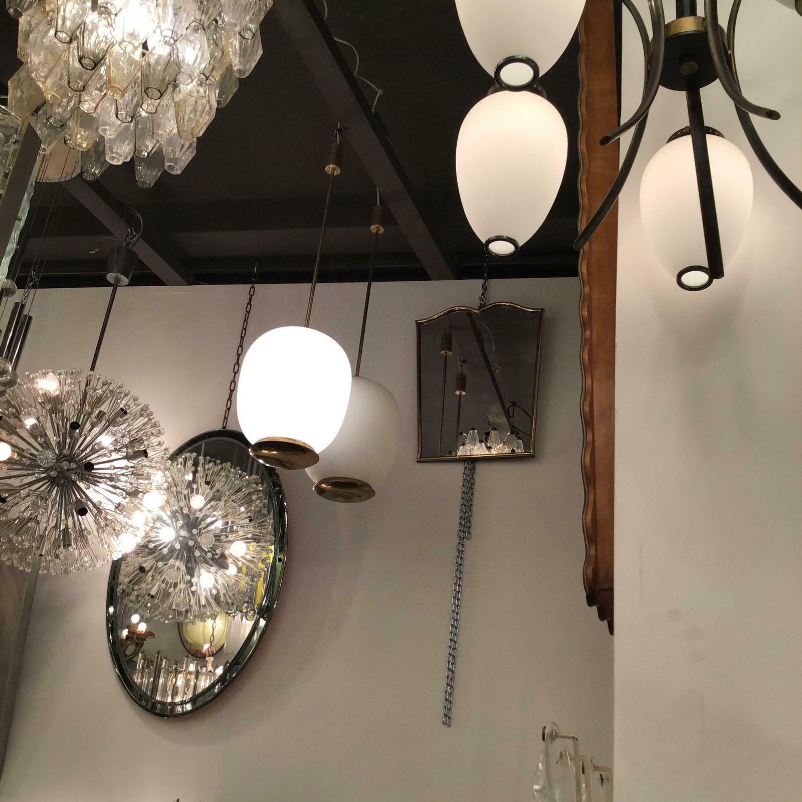 3616.0 Stilnovo Couple Chandeliers Brass Opaline Glass 1950 Italy photo
