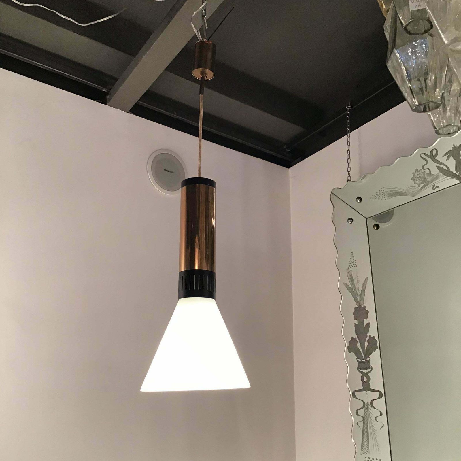 photo furniture Stilnovo Couple Chandeliers Brass Opaline Glass, 1950, Italy
