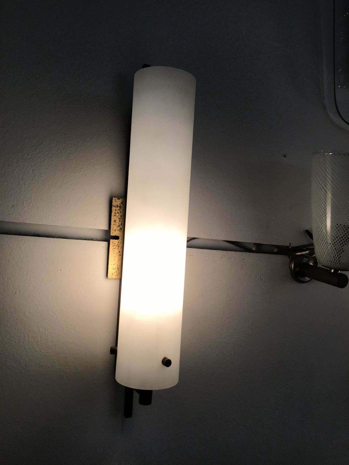 Pair Of Sconces White Opal Glasses Brass Iron Wood Attributed To Stilnovo C 1958 photo for sale