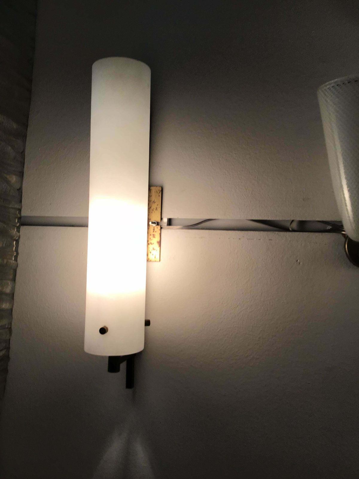 photo for sale Pair Of Sconces White Opal Glasses Brass Iron Wood Attributed To Stilnovo C 1958