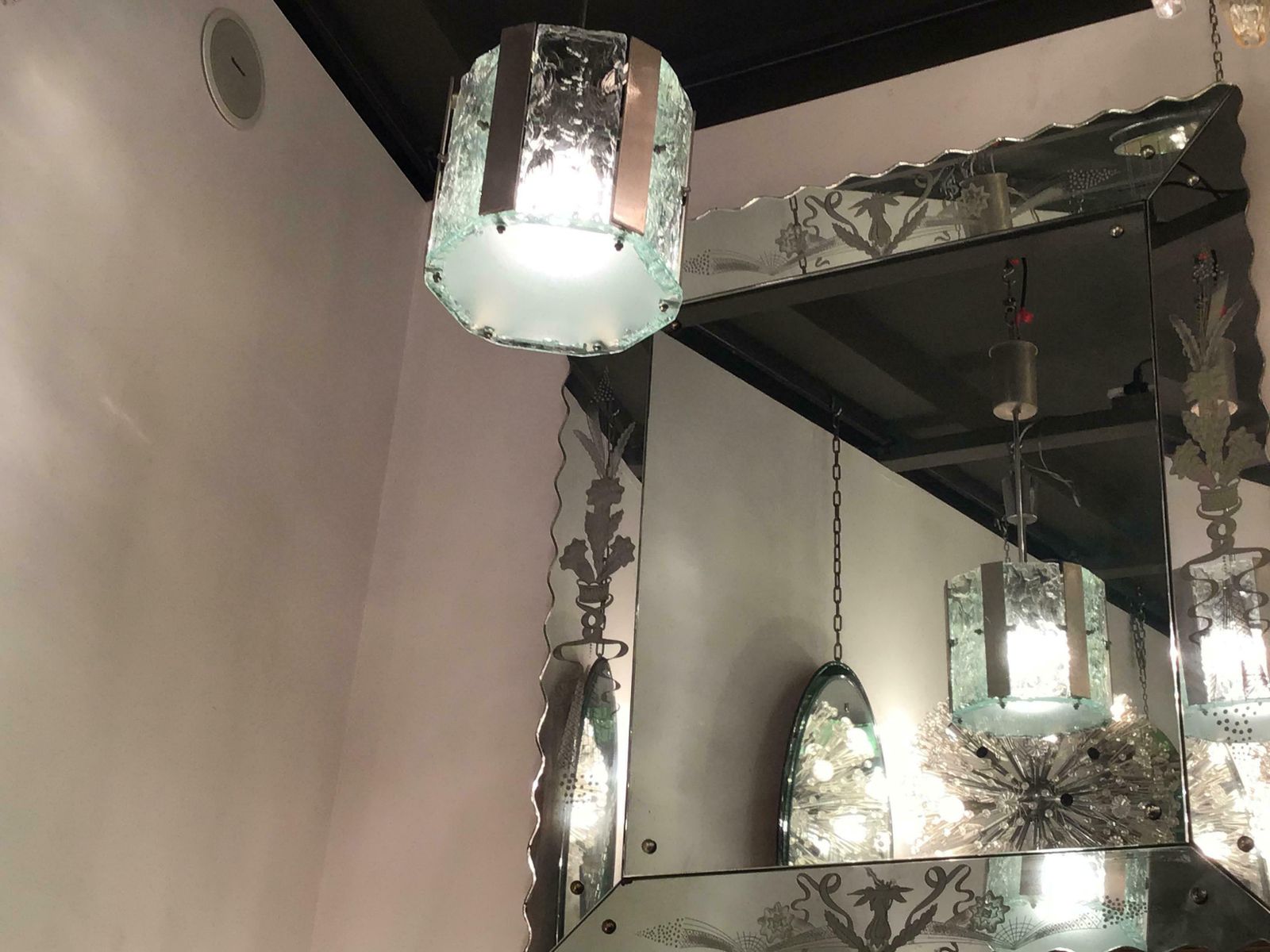 Max Ingrand Fontana Arte N 4 Chandeliers Metal Crome Glass 1950 Italy photo vintage