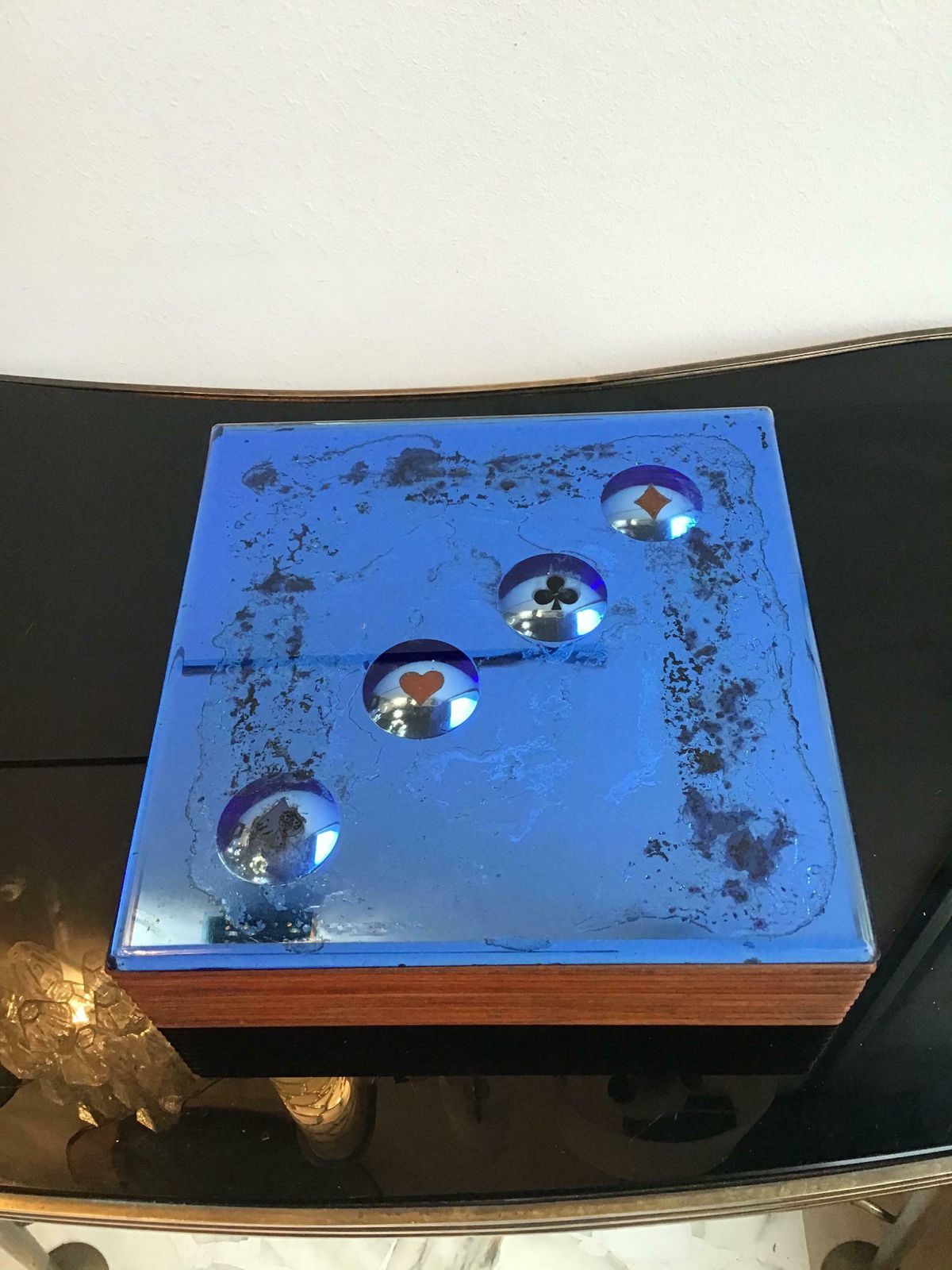 Fontana Arte Blue Mirrored Glass And Wood Game Box, 1950, Italy photo vintage