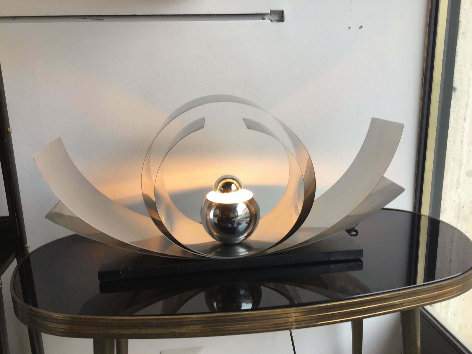 Reggiani Table Lamp Metal Crome Wood, 1970, Italy photo Lighting