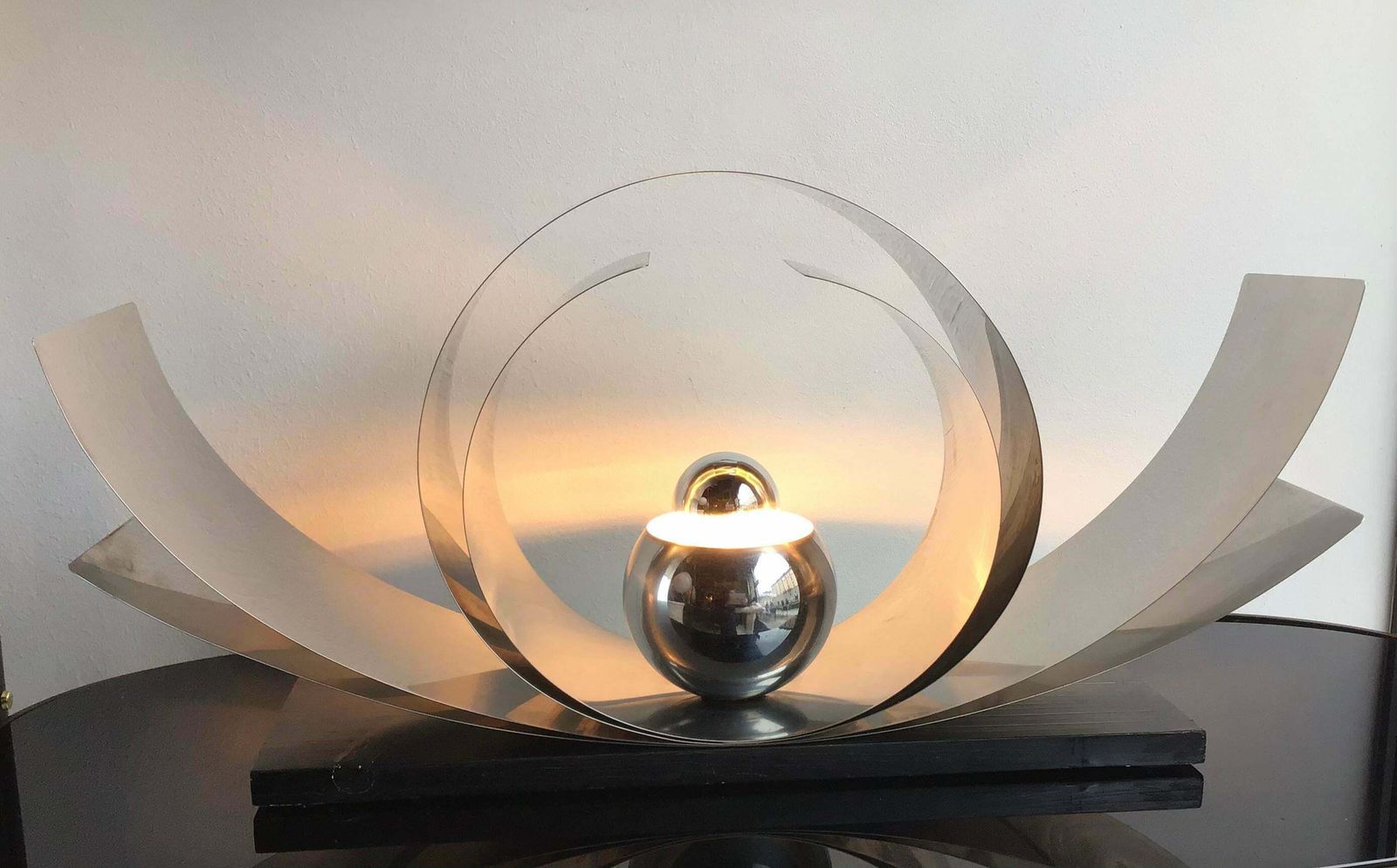 photo for sale Reggiani Table Lamp Metal Crome Wood, 1970, Italy
