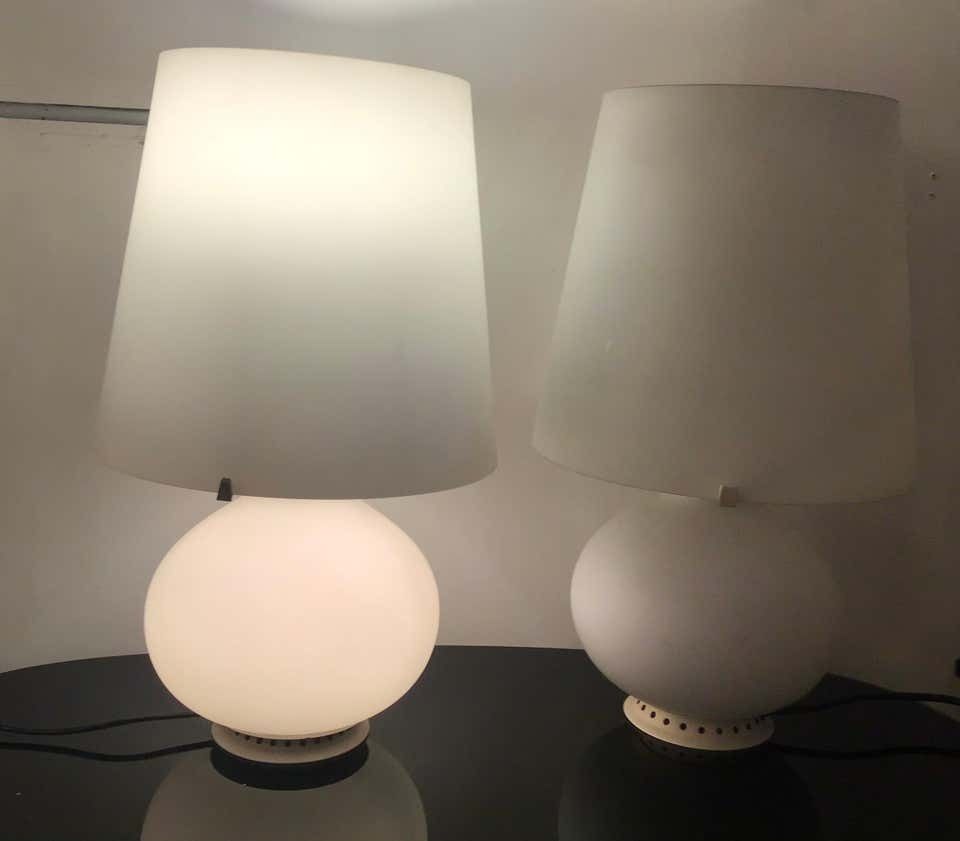 Max Ingrand Fontana Arte Table Lamps Opaline Glass Metal 1954 Italy photo vinterior