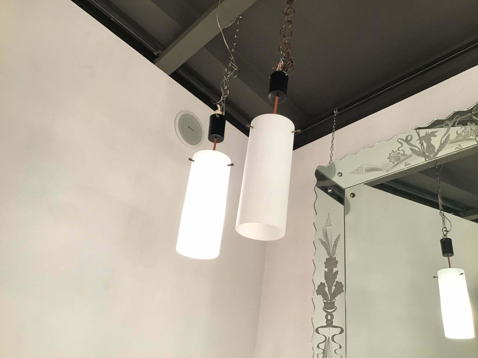 Stilnovo Chandeliers White Glass Brass Plastic 1960 Italy photo for sale