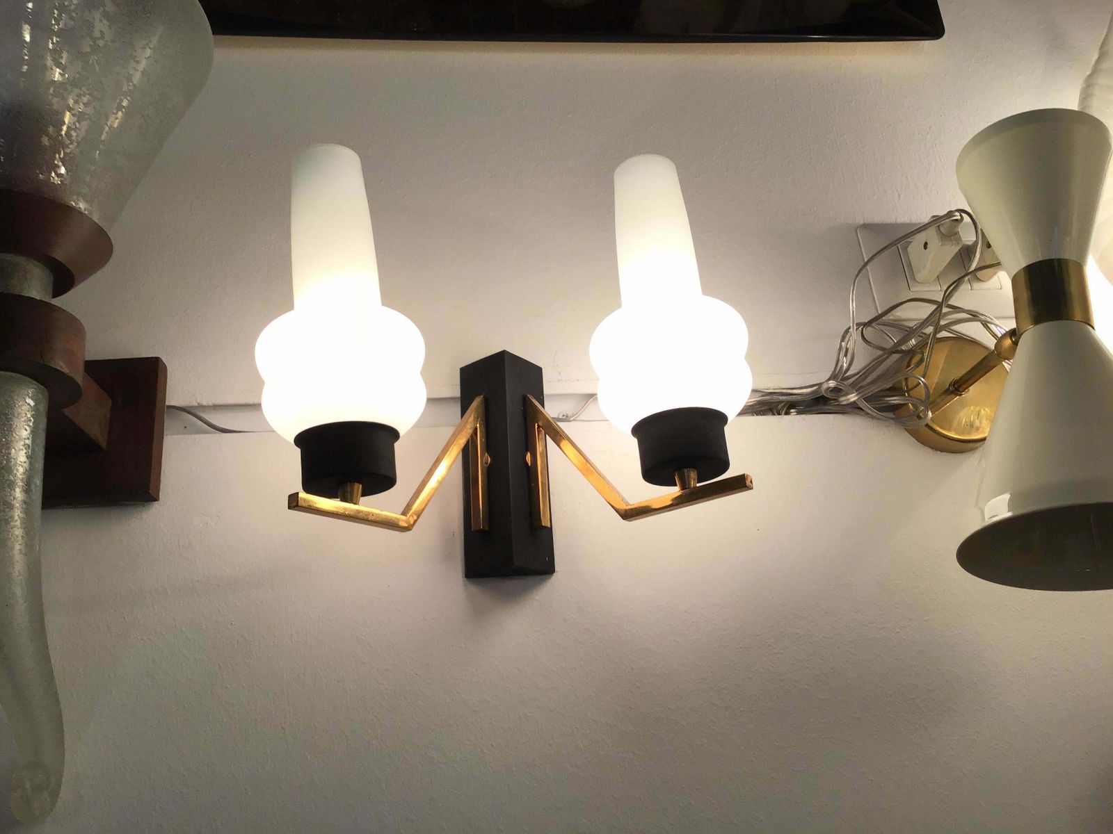 Couple Sconces Italia Brass Iron, White Opal Glass, Attrib To Stilnovo, C 1960s photo for sale