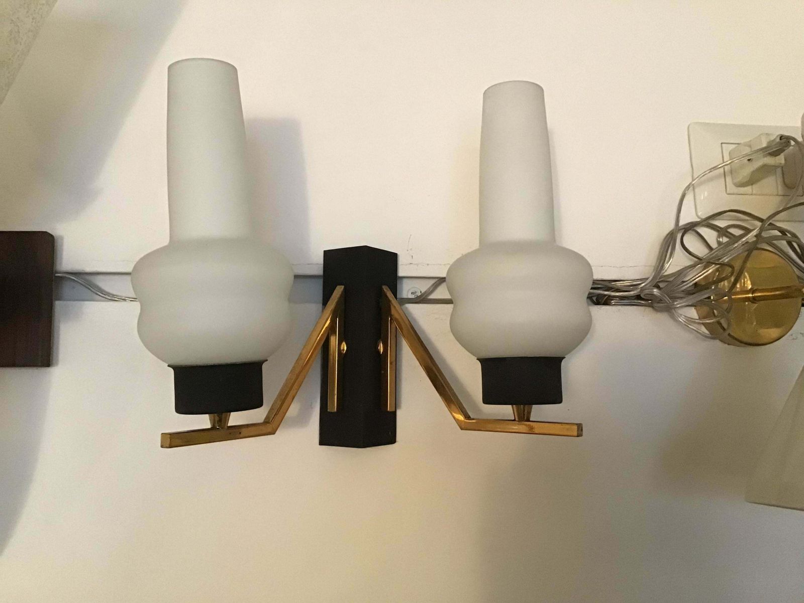 Couple Sconces Italia Brass Iron, White Opal Glass, Attrib To Stilnovo, C 1960s photo 1718.0