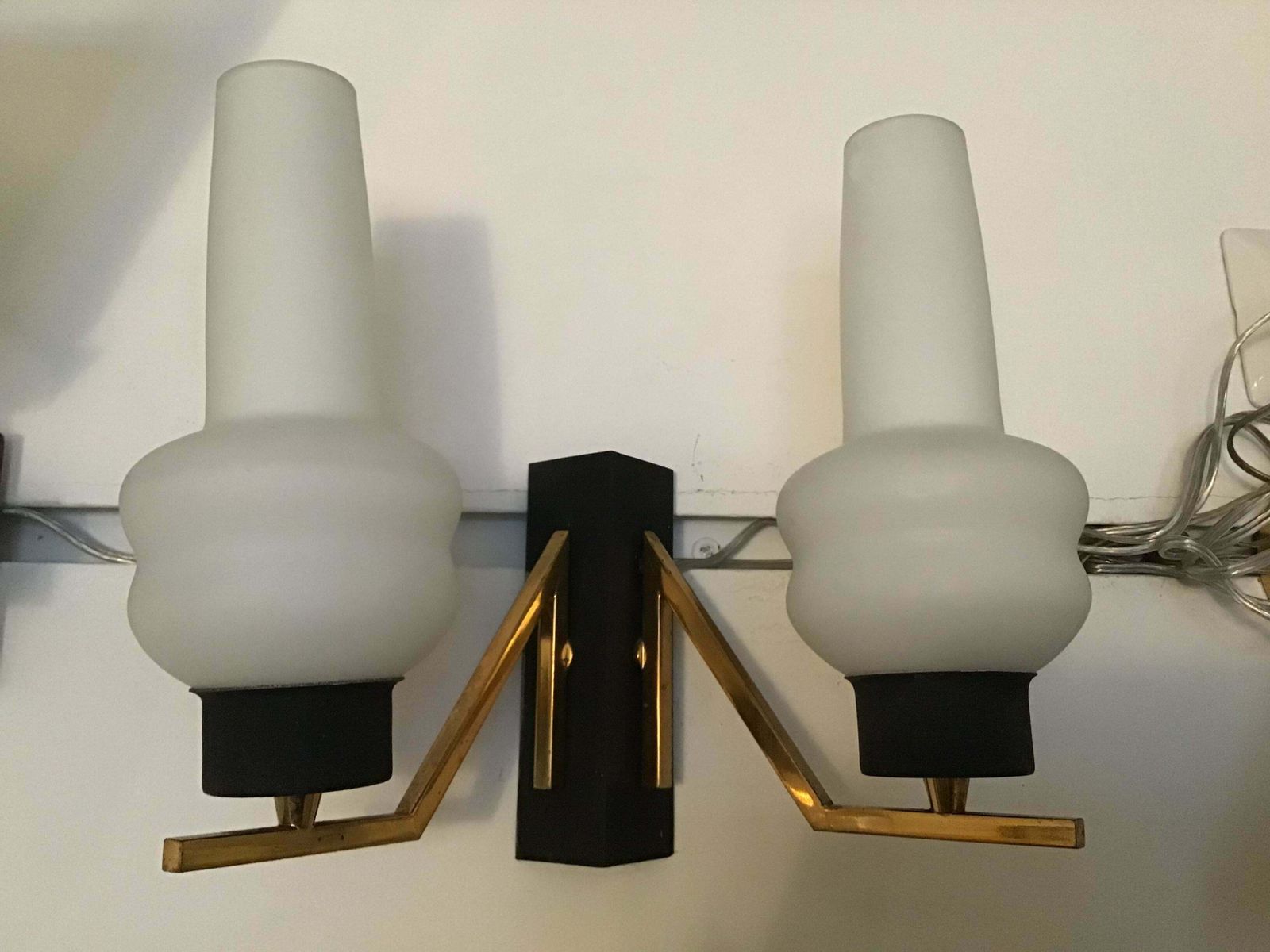 photo for sale Couple Sconces Italia Brass Iron, White Opal Glass, Attrib To Stilnovo, C 1960s