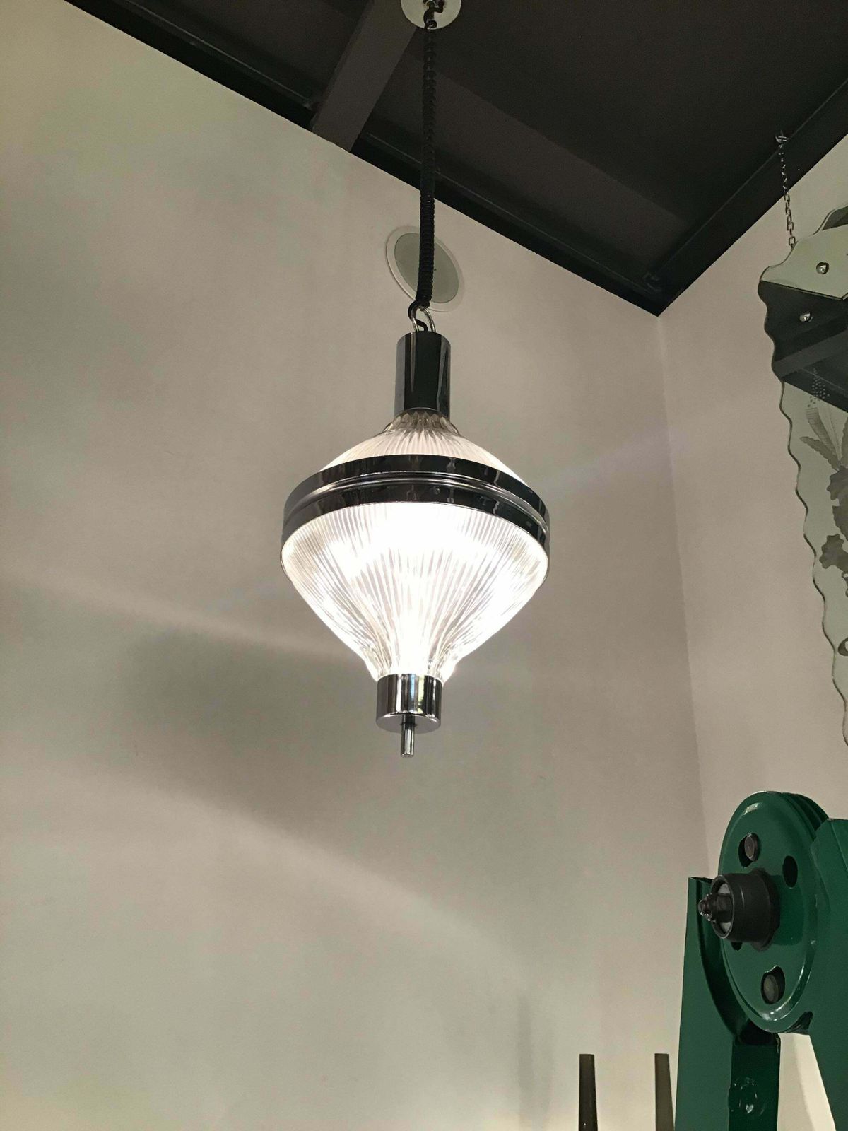 Artemide Chandelier 1960 Italia, Burnished Metal And Printed Glass photo vinterior