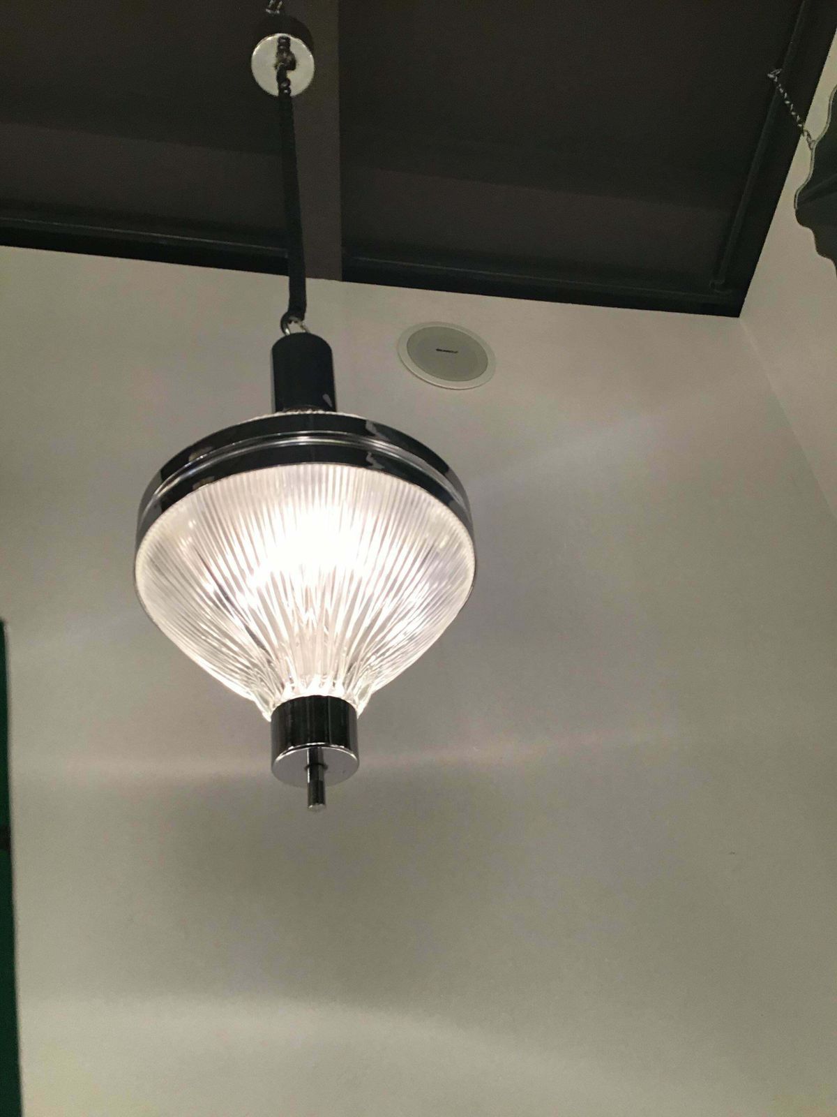 photo for sale Artemide Chandelier 1960 Italia, Burnished Metal And Printed Glass