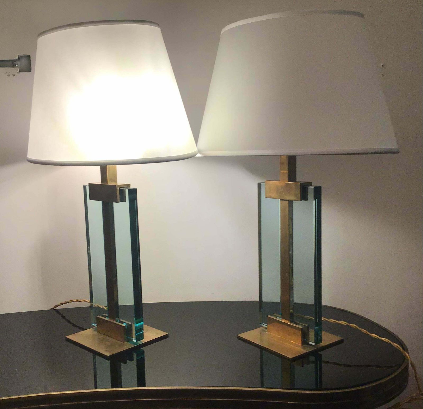 Fontana Arte Table Lamps Brass Glass Fabric Lampshade, 1950, Italy photo for sale