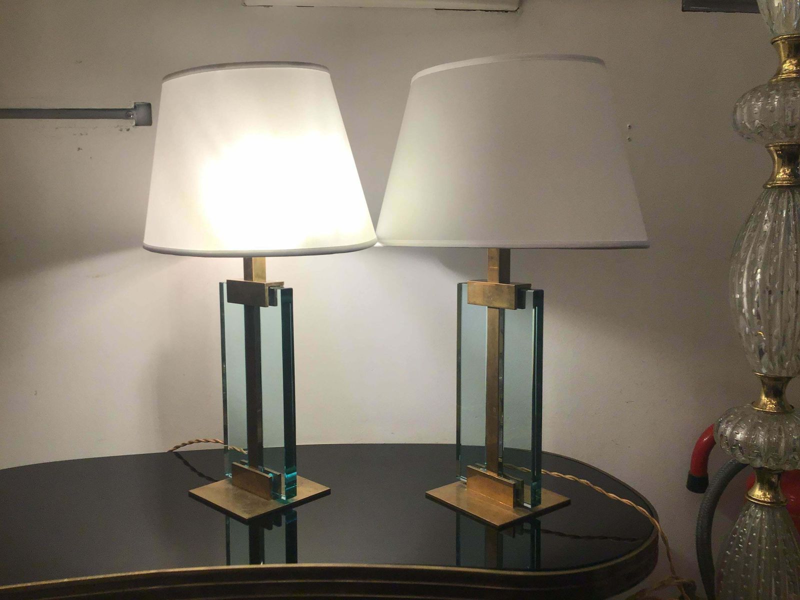 Fontana Arte Table Lamps Brass Glass Fabric Lampshade, 1950, Italy photo vinterior