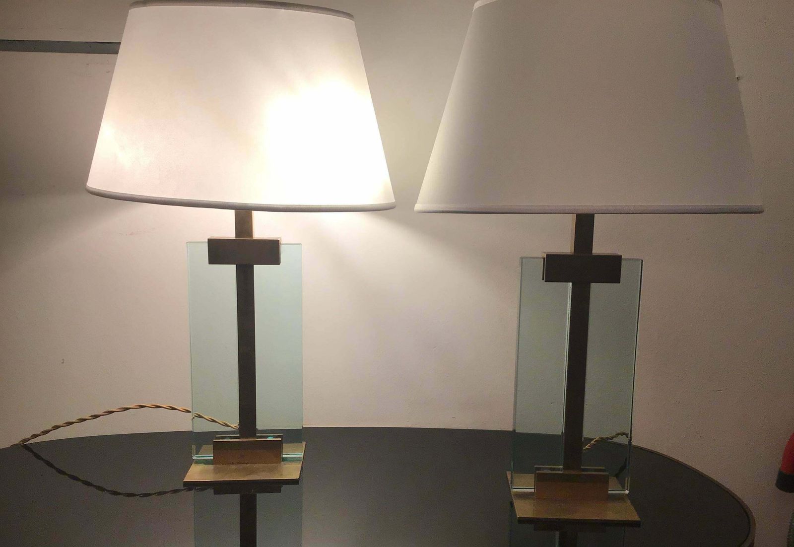 photo vinterior Fontana Arte Table Lamps Brass Glass Fabric Lampshade, 1950, Italy