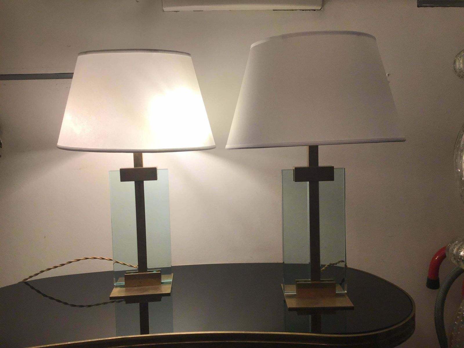 photo buy Fontana Arte Table Lamps Brass Glass Fabric Lampshade, 1950, Italy