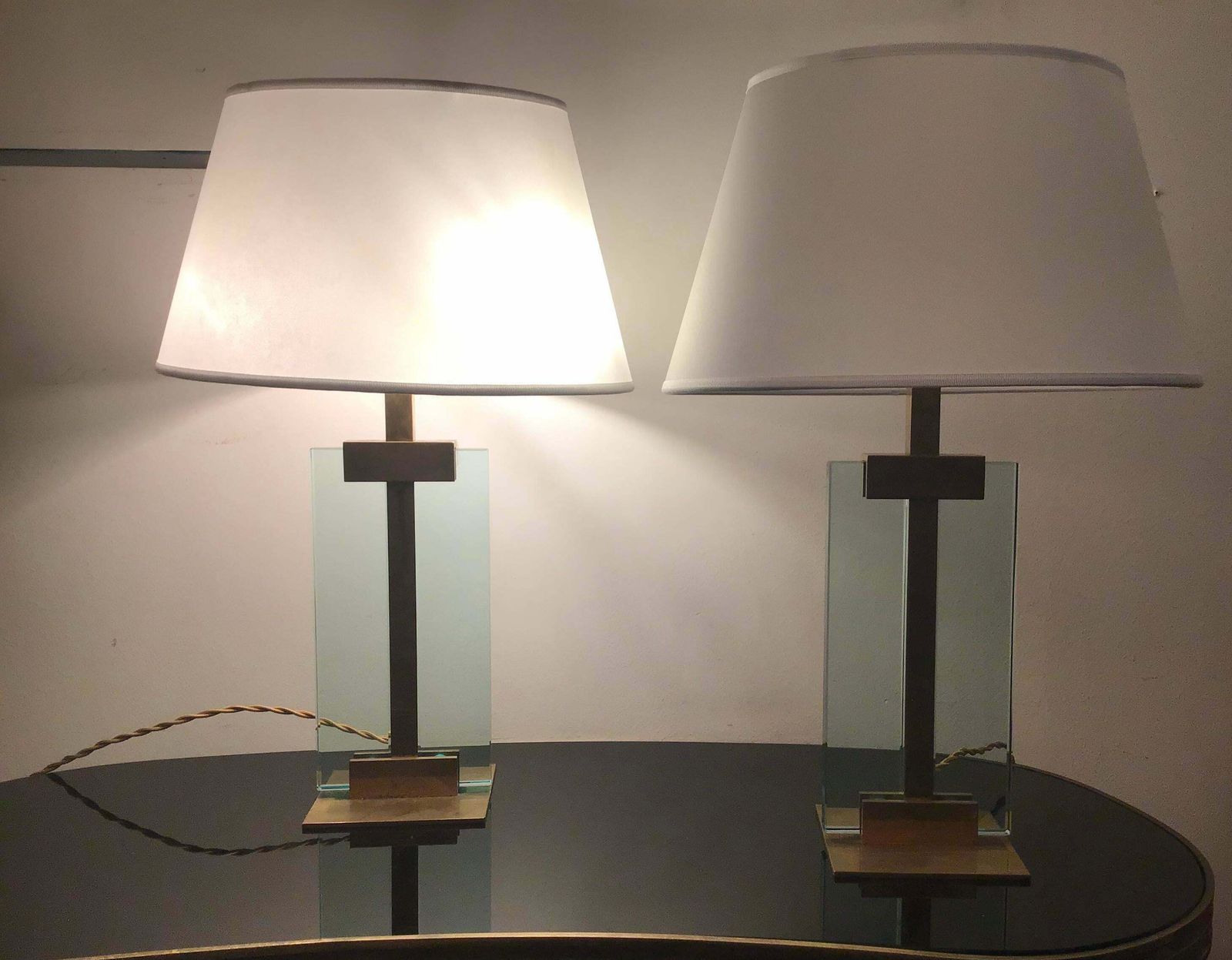 photo vintage Fontana Arte Table Lamps Brass Glass Fabric Lampshade, 1950, Italy