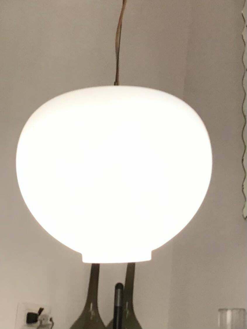 Stilnovo Chandelier Opaline Glass Brass Height Adjustable 1950 Italy photo Lighting