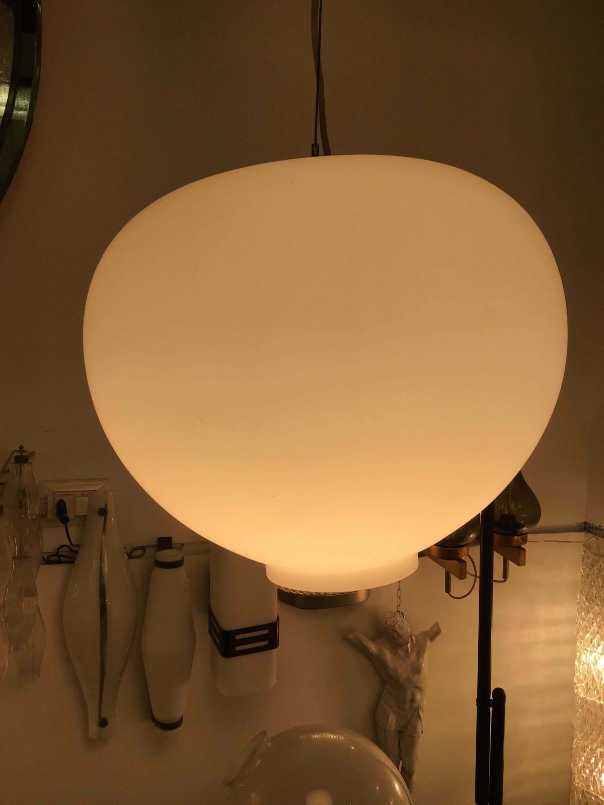 Stilnovo Chandelier Opaline Glass Brass Height Adjustable 1950 Italy photo vintage