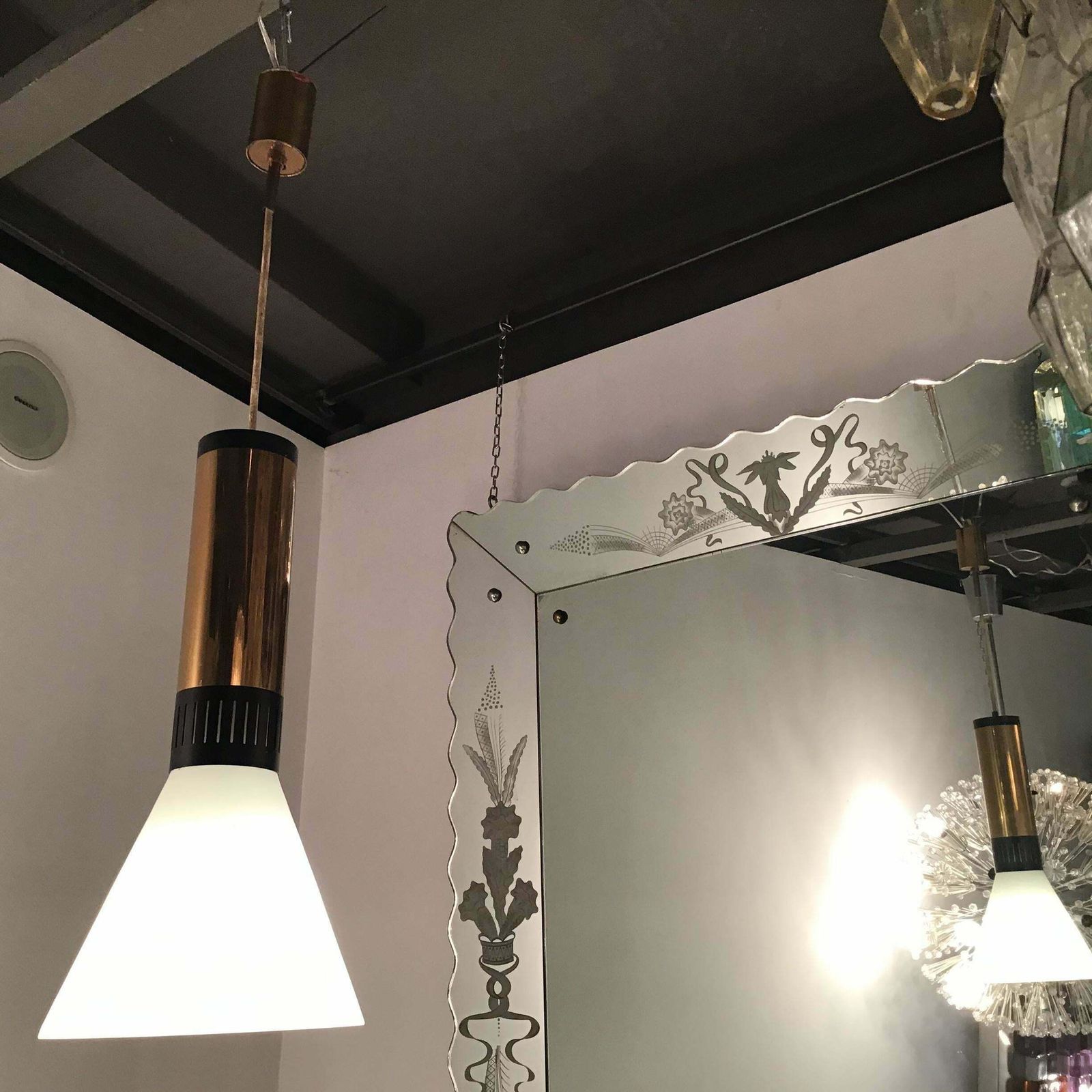 Stilnovo Chandelier Brass Opaline Glass 1950 Italy photo 2260.0