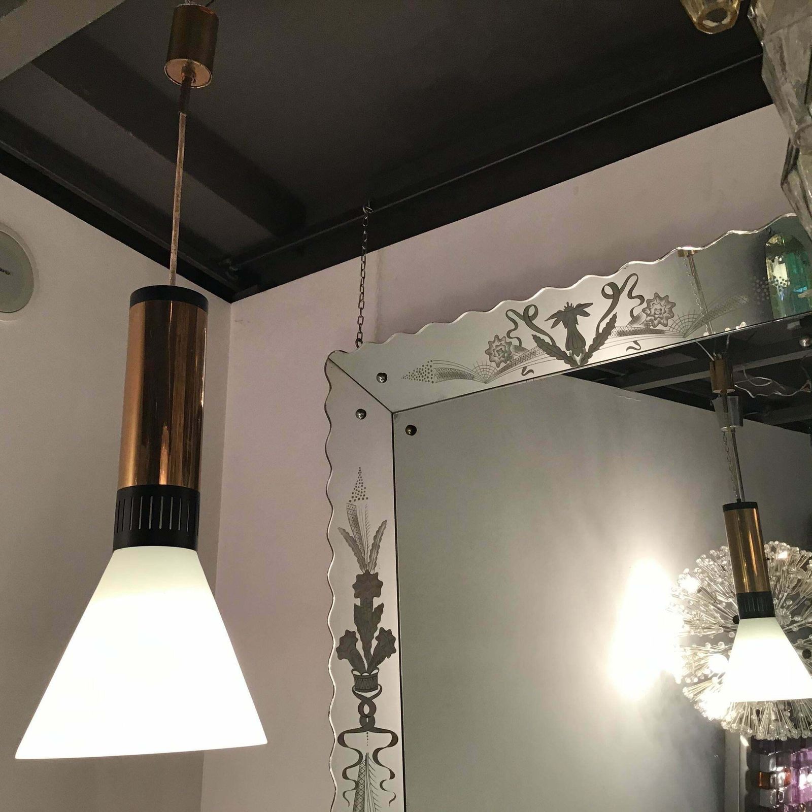Stilnovo Chandelier Brass Opaline Glass 1950 Italy photo buy