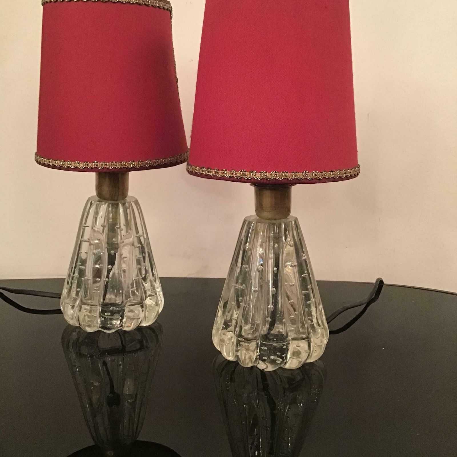 photo vintage Barovier E Toso Table Lamps Murano Glass Brass Fabric Lampshade 1940 Italy