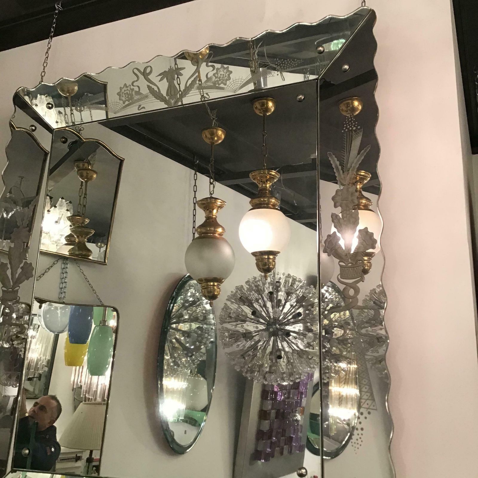 photo buy Azucena Luigi Caccia Dominioni Couple Chandelier Brass Glass 1950 Italy