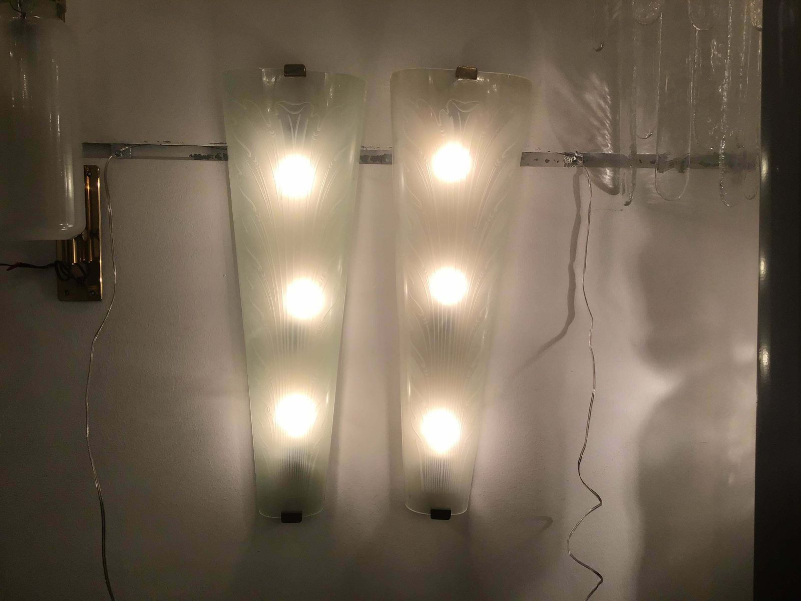 Fontana Arte “Him And Her” Sconces Glass Brass Metal Wood, 1930, Italy photo Lighting