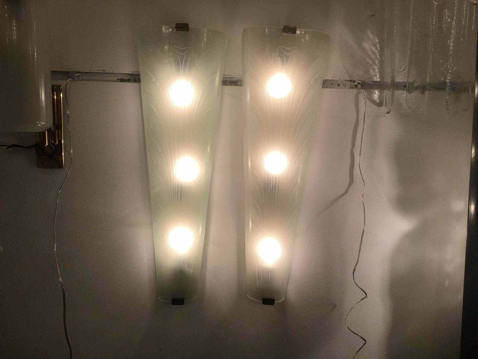 Fontana Arte “Him And Her” Sconces Glass Brass Metal Wood, 1930, Italy photo vintage