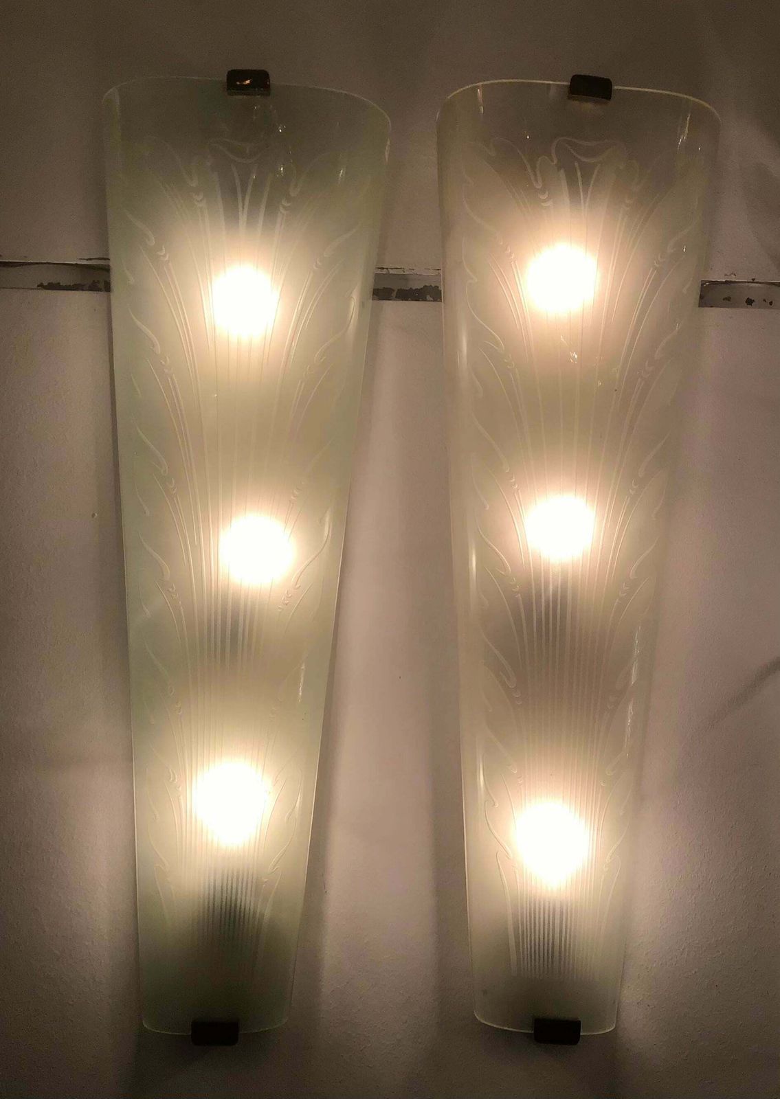 photo for sale Fontana Arte “Him And Her” Sconces Glass Brass Metal Wood, 1930, Italy